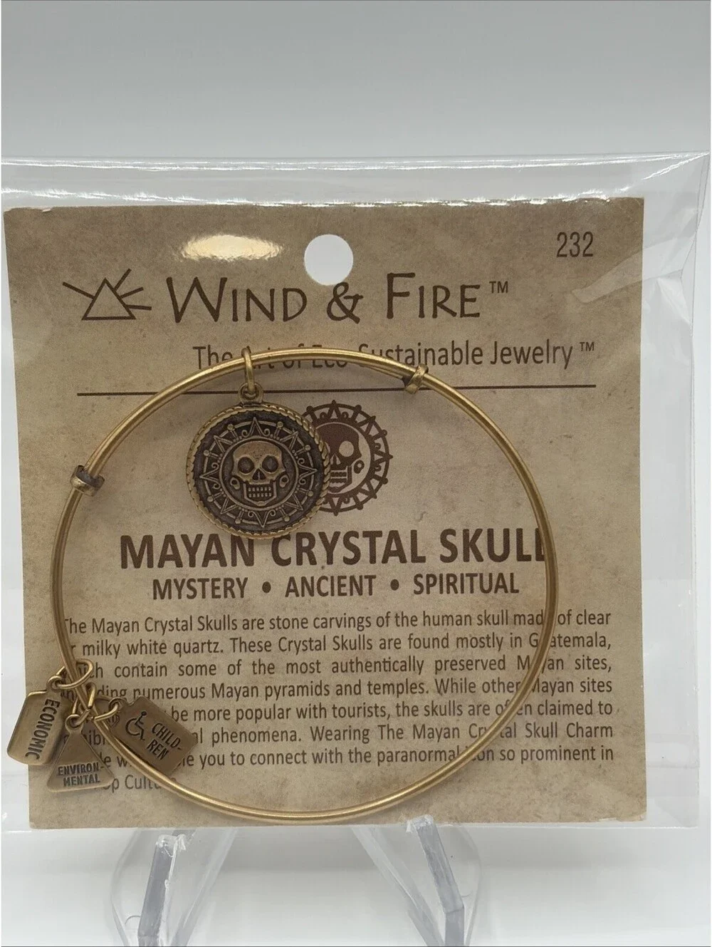 Wind & Fire Expandable Bangle Bracelet Sagitarius Mayan Crystal Skull Gold Tone
